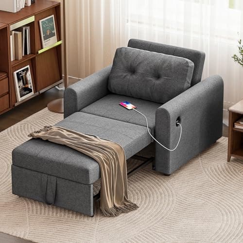 Image of Luxstein Single Sofa Bed, 3-in-1 Convertible Sleeper Sofas Chair with Adjustable Backrest, USB Port and Side Pockets, Pull Out Sofa Beds for Living Room Guest Room Office, Grey