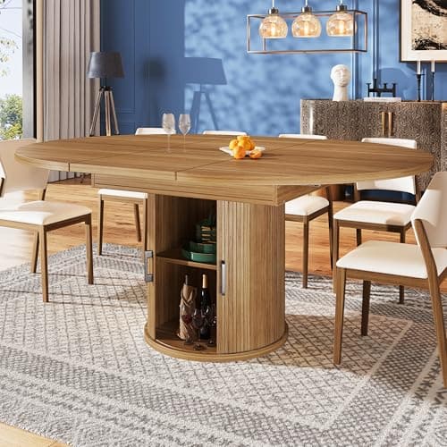 Image of Gxffipw Extendable Dining Table Kitchen Table for 4-6 People, Minimalist Round Dining Tables with Storage Space and Doors, Kitchen Furniture with Shelves, Extends to Oval, Walnut, 118-158x118x76.8 cm