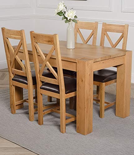 Image of Oak Furniture King Solid Oak Dining Table & Chairs Set 4 Seater Kitchen Dining Set – Kuba 125 x 80 cm Wooden Table & Berkeley Chairs with Upholstered Leather Seat, Natural Finish