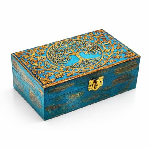 Image of DOLLOND & CO. Handmade Wooden Tree of Life Box, Brass Inlay Jewellery & Keepsake Organizer, Brown Vintage Box Crystals & Gifts, Wood Storage Box (Customisation, Big Tree of Life Blue Box)