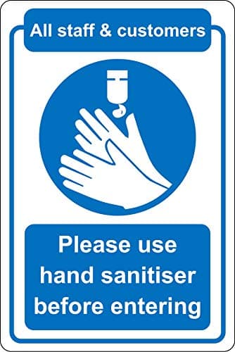 Image of All staff and customers please use hand sanitiser before entering Safety sign - 1.2mm Rigid plastic 200mm x 150mm