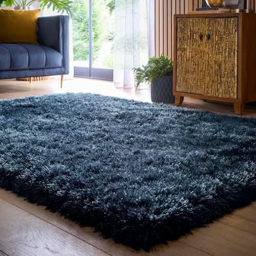 Image of Lord of Rugs Modern Plain Shaggy Rug Silky Shiny High Pile Super Soft Bedroom Living Room Fluffy Thick Rug Navy Medium 120x170 cm (4'x5'6")