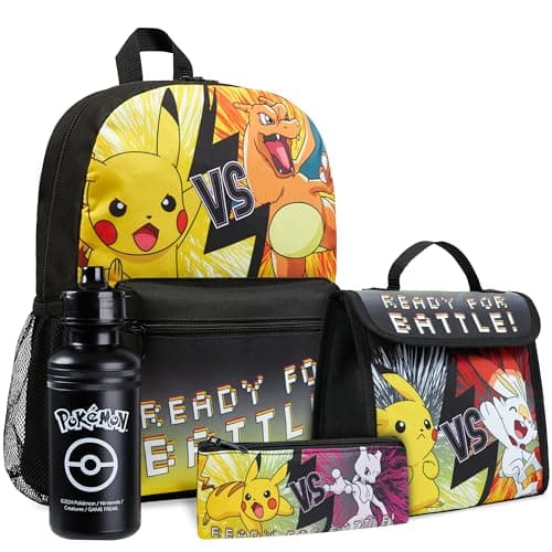 Image of Pokemon Backpack Set 4 Pcs Water Bottle Backpack Pencil Case Insulated Lunch Bag or Wallet Anime School Supplies Travel (Black/Yellow 4 Pcs Set)