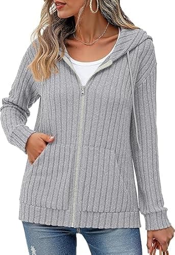 Image of YGJIEGENG Hoodies for Women UK Zip up Jumpers Summer Hooded Cardigans Lightweight Oversized Casual Jacket with Pockets, Grey,Large