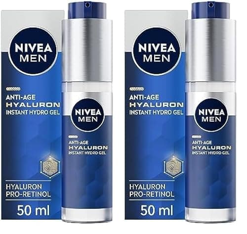 Image of NIVEA MEN Anti-Age Hyaluron Face Moisturising Gel (50ml), Men's Moisturiser with Hyaluronic Acid and Pro-Retinol, Visibly Reduces Deep Wrinkles, Hydrates, and Firms Skin (Pack of 2)