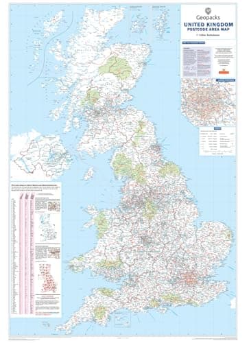 Image of UK Postcode Wall Map - Large Travel Map to show Detailed Postcode, County, District Boundaries, Roads, Cities, Towns & Villages, Laminated UK Map Poster, Waterproof, Perfect Traveler Gift 830 x 1200mm