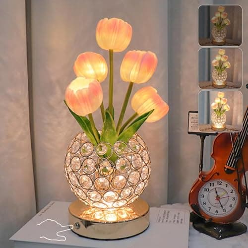 Image of Wekity Tulip Lamps, 3 Color Touch Dimming Crystal Night Light, Rechargeable Artificial Flower Light, LED Flower with Vase Lamp for Romantic Decor (Tulip1 - Pink)