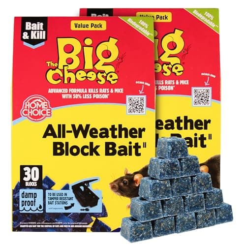 Image of The Big Cheese All-Weather Bait Block Multi Pack x2 - 30 x 10g, Pest Control Product - Rat Killer For Mouse Traps, Damp-Proof, Weather-Resistant - Super Strength Rat Poisoning, Pet Safe