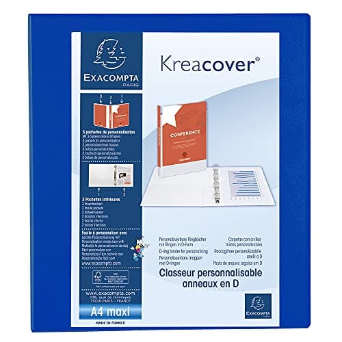 Image of Exacompta - ref. 51843BE - 1 customizable rigid opaque binder with 3 pockets - 4 D-rings of 40 mm - Spine 64 mm - External dimensions: 32 x 28.5 cm - Format to file A4 Maxi - Colour: blue
