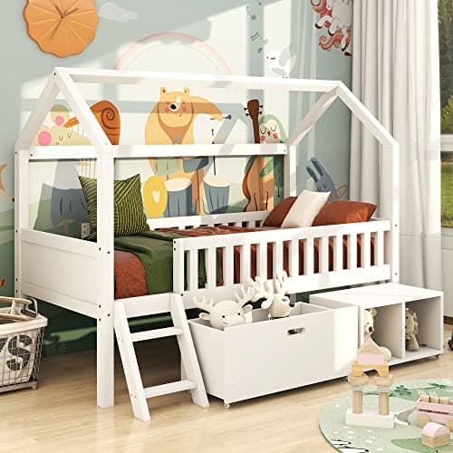 Image of Merax Kids Bed Household, Toddler Bed Frames with Stairs, Drawers and Storage Compartments, Cabin Bed with Anti-Fall Railings, Mid Sleeper Beds for Children and Teens, Single Bed 90 X 190 cm, White
