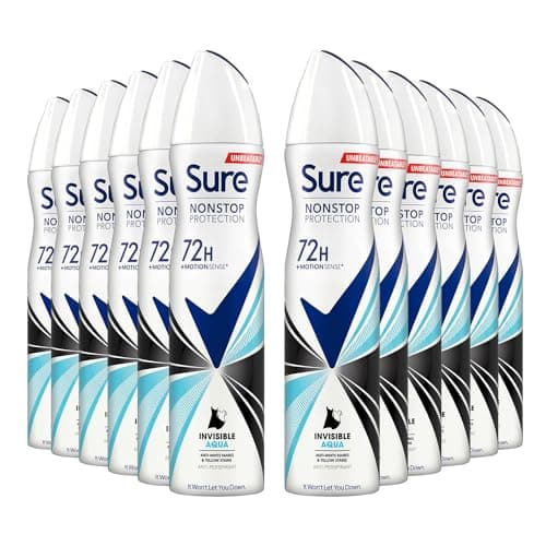 Image of Sure Antiperspirant 72H Nonstop Sweat and Odour Protection Alcohol-Free Body Spray Anti-White Markswith Fresh and Clean Multi Fragrance Deodorant for Women, 250ml (Invisible Aqua, Buy 12)