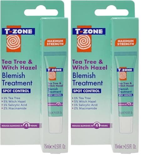 Image of T-Zone Tea Tree & Witch Hazel Blemish Treatment Gel 15ml, Rapid Spot Treatment with Salicylic Acid & Niacinamide, Targets, Calms & Prevents Spots, Pimples & Breakouts for Clearer Skin (Pack of 2)