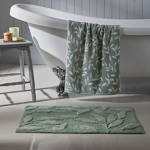 Image of Dreams & Drapes Leaf Bath Mat – Sage Green Botanical Bathroom Rug – 100% Cotton Soft Touch – Absorbent Non-Slip Mat for Bath & Shower – 50 x 80cm – Floral Bathroom Accessory