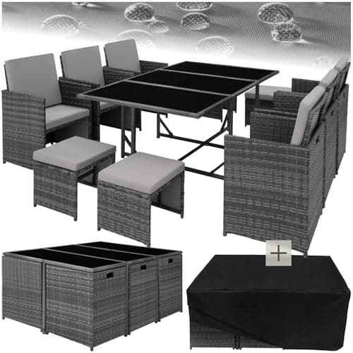 Image of tectake® Polyrattan Garden Furniture Set with Steel Base, Including 6 Dining Chairs, 1 Table, 4 Stools, Foldable Garden Lounge Set, For Up To 10 People, Patio Furniture - Grey