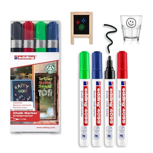 Image of edding 4095 chalk marker pen set - black, red, blue, green - 4 chalk pens - round nib 2-3 mm - wet wipe pen for chalkboards, windows, glass, mirrors - liquid chalk marker pens for opaque coverage