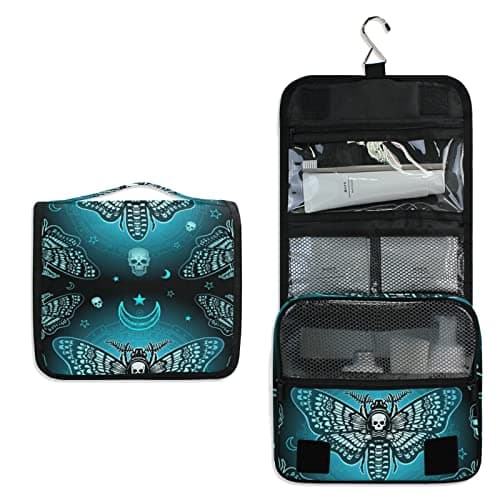 Image of Blue Moth Dead Head, Mystical Circle, Skull, Moon, Stars Occultism Travel Cosmetic Bag, Hanging Toiletry Wash bag, Portable Makeup Organizer Brush Case, Storage Bag with Hook for Bathroom Toilet