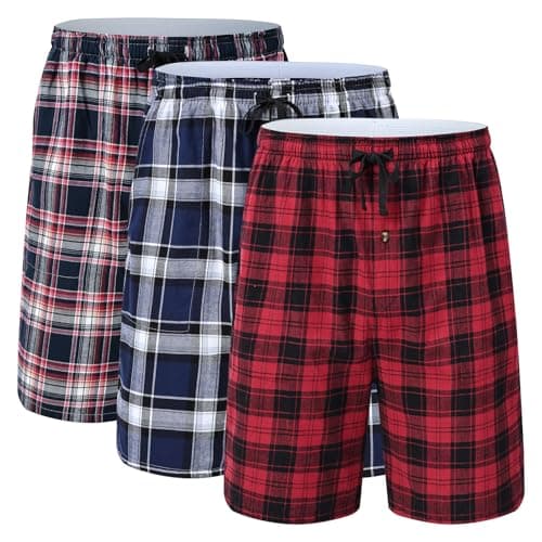 Image of Huayuzh Mens Pyjama Bottoms Shorts Cotton Lounge PJ Plaid Pants with Pockets Button Fly Home Nightwear Gym Casual Red-Navy-Pink L