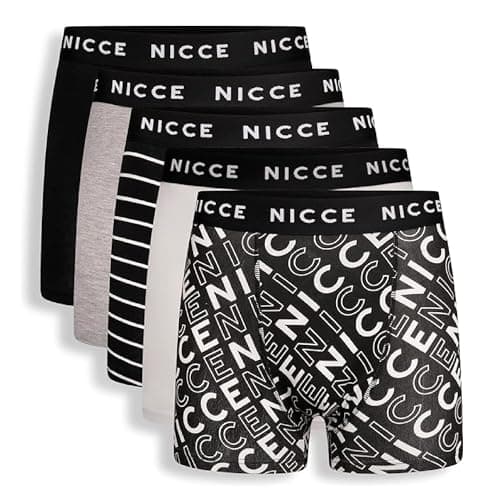 Image of Nicce Men's Talox Boxers, Assorted Colours - Black, Grey Marl, Stripes, White, Black, Elasticated Logo Waistband, 5 Pack, Premium Cotton Blend, Classic Fit, Comfortable Men's Underwear, XX-Large