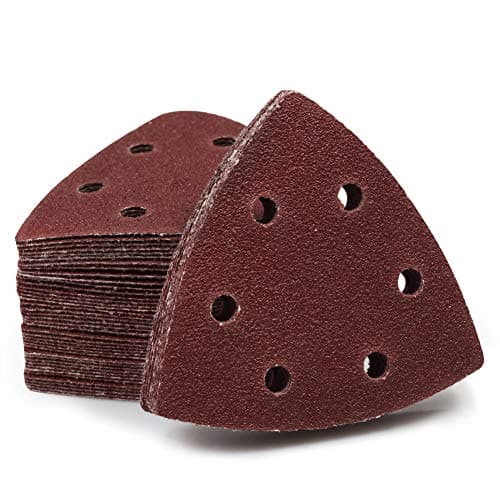 Image of SPEEDWOX 50 Pcs Triangle Sanding Pads Hook and Loop 80 Grit Oscillating Sanding Pad 90mm 6 Holes Fit 3-1/2 Inches Oscillating Multi Tool Detail Sander Sandpaper Triangle Sanding Discs Sanding Tool