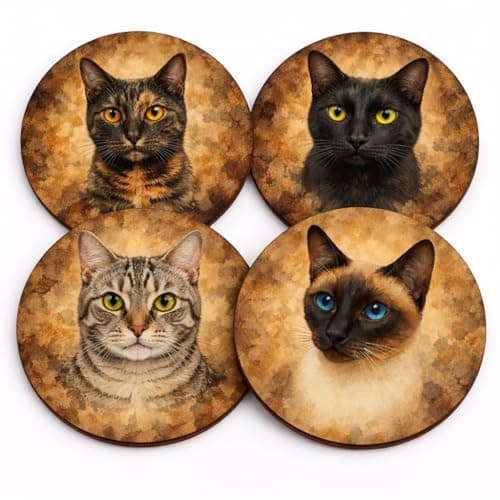 Image of Set of 4 Mixed Cat Art Coasters, 9cm Round, MDF with Cork Backing, Heat and Moisture Protection