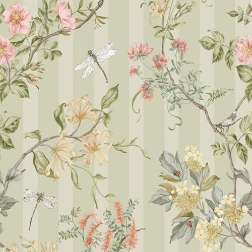 Image of Hampton Gardens Floral and Animal Printed Classic Stripe Wallpaper Ideal for Bedrooms, Living Rooms Cozy Lounges Soft Sage Green Holden 13910