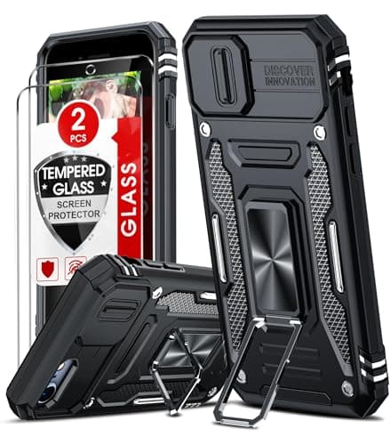 Image of LeYi for iPhone SE 2022 / SE 2020 / 8 / 7 Case, with Camera Lens Cover Slider, 2 Screen Protectors, Ring Stand Military Shockproof Armour Phone Cover for iPhone 7/8/SE 2020/2022, Black