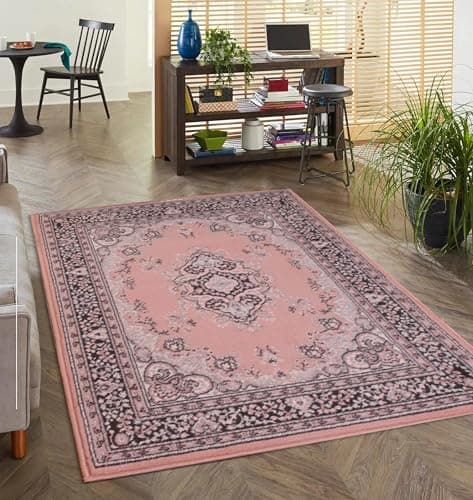 Image of Lord of Rugs Lancashire Traditional Rug for Living Room, Bedroom, Hallways Lounge Classic Carpet Floral Bordered Medallion Oriental Rug Blush Pink Small 80x150 cm (2'6"x5')