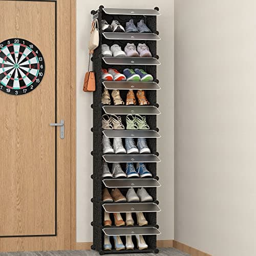 Image of HOMIDEC 10-Tier Shoe Rack, Shoe Storage Cabinet with Door and Hook,Dust-proof Tall and Narrow Shoe Rack, Free Standing Shoe Shelf for 20 Pairs, Black Embossing, for Entryway, Hallway and Closet