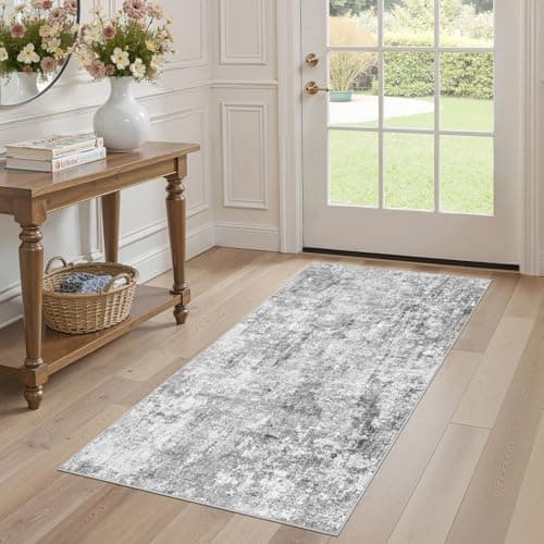 Image of DMOYEST Washable Rugs Living Room 80x150cm - Abstract Neutral Modern Soft Non Slip Low Pile Kid Pet Friendly Small Carpet for Bedroom Kitchen Home Office Laundry Room - Light Grey