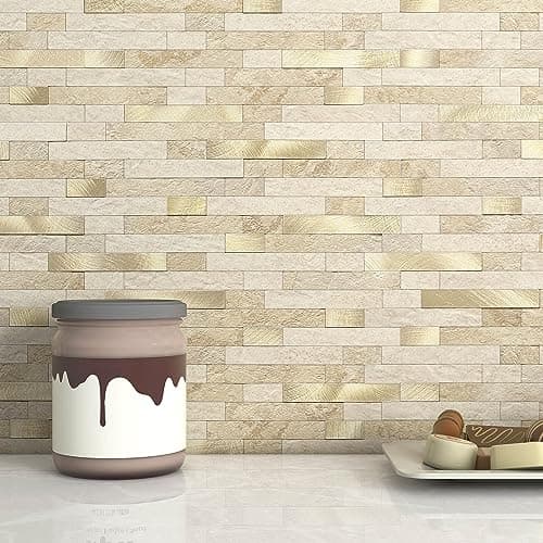 Image of M MOFIT 3D Brick Marble Tile Sticker Self-Adhesive Wall Panels for Kitchen Bathroom Decor Peel and Stick Tile Waterproof(Beige,10sheets)