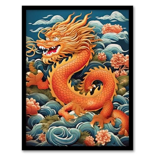 Image of Artery8 Fantasy Chinese Dragon Traditional Orange Clouds 2024 Chinese Year Of The Dragon Artwork Framed Wall Art Print A4