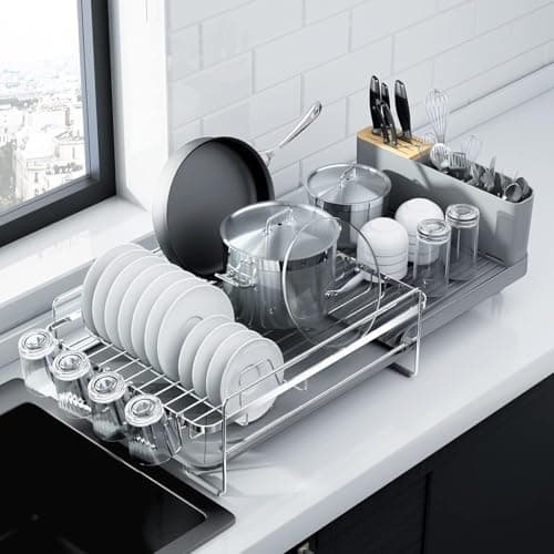Image of Kitsure Dish Drainer Rack - Extendable Dish Drainer, Multifunctional Dish Rack for Kitchen Counter, Anti-Rust Draining Board Rack with Cutlery & Cup Holders, 67.8cm x 32.7cm x 14.9cm, Silver