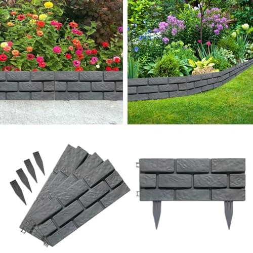 Image of ADEPTNA Premium 8 PACK Brick Effect Panel Plastic Interlocking Garden Edging Skirting Border Picket Fence Barrier Lawn Garden Fencing for Decorative Flowerbed Pathways Tree Pond (GREY)