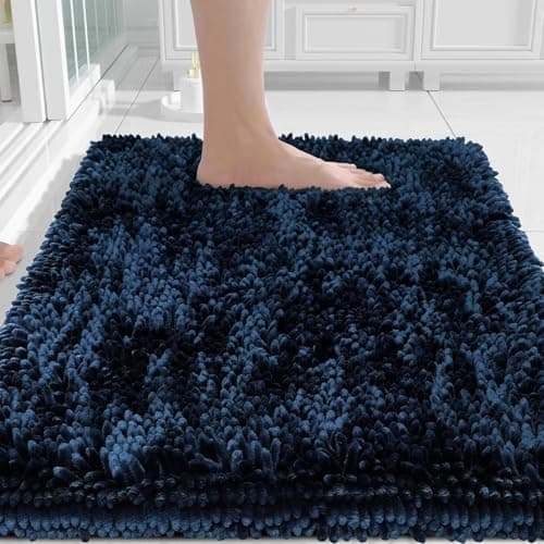 Image of Yimobra Luxury Chenille Bath Mat, Extra Soft and Absorbent Shaggy Bathroom mats Non Slip, Machine Washble Dry, Plush Floor Carpet for Tub, Shower, and Bath Room, Navy Blue, 43 x 61 cm