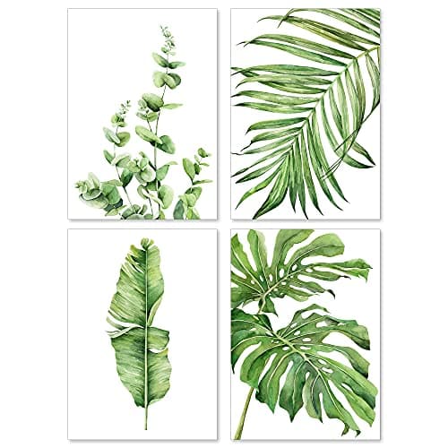 Image of A&M Natural Living Botanical Prints, Set of 4 Unframed Watercolour Green Art Posters, Leaf Pictures Wall Art for Home Decor, Bathroom, Kitchen, Living Room (A4)