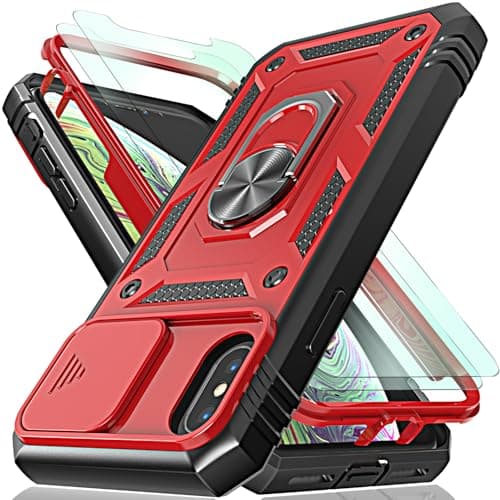 Image of HpulaCase for iphone X/XS Case with Camera Cover Slider, 2*Screen Protectors,Build in 360°Rotating Ring Kickstand, Military Grade Protective Case for iphone X/XS-Black/Red