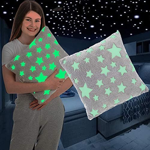 Image of FiNeWaY Glow in The Dark Cuddly Cushion Moon Star Unicorn Gifts for Kids Girls Boys Adults Cosy Warm Super Soft Plush Fleece Faux Fur Bedtime Pillow Bedroom Sofa Couch (Stars Grey)