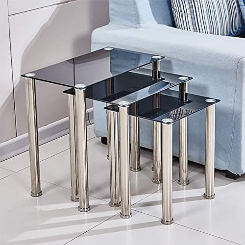 Image of Ansley&HosHo Black Glass Nesting Tables Glossy Nest of 3 Tables Rectangular with Chrome Legs Sofa Side Table End Table Coffee Table for Living Room Reception Room Limited Space