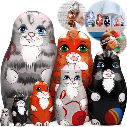 Image of AEVVV Russian Nesting Doll Cat Set – Hand Painted Wooden Matryoshka Figures – Cartoon Inspired Folk Art Collectible – Artisan Home Décor Gift – 7 pcs