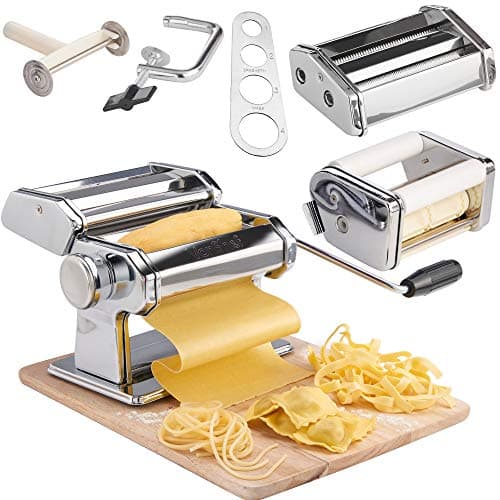 Image of VonShef Manual Pasta Machine, Professional Stainless Steel Pasta Maker with Three Adjustable Crank Rollers & Nine Thickness Settings, Includes Secure Clamp, Pasta Cutter & Spaghetti Measurer