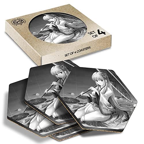 Image of DV DESIGN 4 x Eco Boxed Cork Hexagon Coasters Set - BW - Cartoon Anime Girl Japanese Drink Cup Mug Glass Table Protection Mat #38761