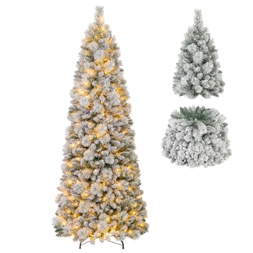 Image of COSTWAY 6FT/7FT Pop up Artificial Christmas Tree, Pre-Lit Snow Flocked Xmas Tree with 517/680 PVC Tips & Pine Needles and 170/200 Warm White LED Lights, Seasonal Home Office Holiday Decor (210 cm)