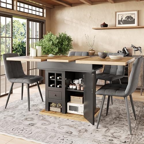 Image of Merax Dining table 110-140×80x75cm, Extendable Kitchen Table, elegant wood grain design, 1 Door & 1 Drawer & 4 Wine Racks, solid table base, for 4-6 People, for Home & Office, Oka+Black