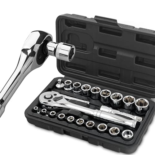 Image of Hi-Spec 22-Piece Metric Socket Set 1/4" & 3/8" Drive with Reversible Ratchet, Extension Bar, Adaptor & Ratcheting Wrench in Compact Carry Case