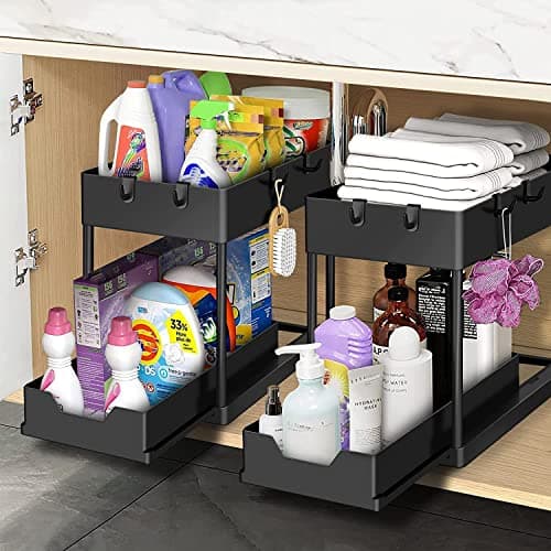 Image of Bnimtm 2 Pack Under Sink Storage Kitchen Organiser - Sliding Drawer Pull Out Organiser with Hooks, Under Sink Shelf Caddy for Kitchen Bathroom