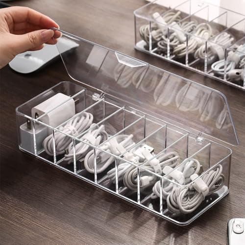 Image of Moritic Clear Cable Management Box with Lid, 26x9x5.5cm, Desktop Cord Organizer with Compartments (2, 10.2 x 3.5 x 2.2)