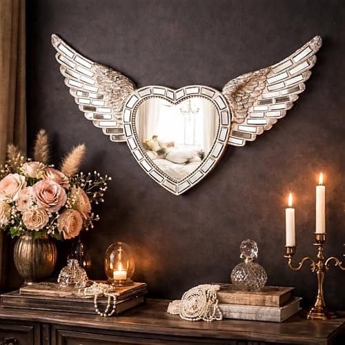 Image of Marco Paul Modern Silver Mosaic Heart Wings Wall Mounted Mirror - Vintage Retro Shabby Chic Style Angel Wings Ornament - Decorative Home Accessories Mirror for Bedroom, Living Room and Home Decor