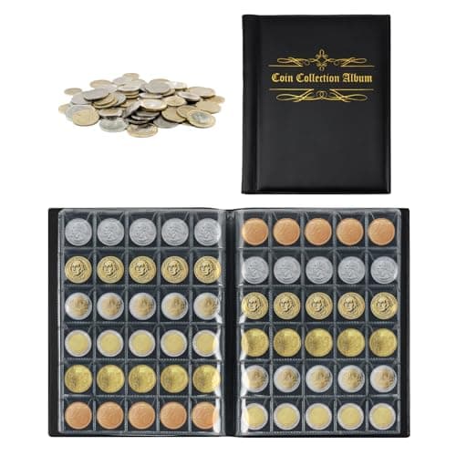 Image of Coin Collection Album 480 Pockets, Money Binder with Artificial Leather Cover, PVC Pages, Flap Envelope Design Coin Holder for Pounds Penny Cents Euro Collectors
