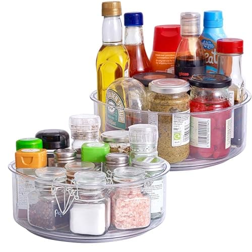 Image of MATANA 4 Pack Clear Lazy Susan Turntable Shelf Organiser (360°, 23cm) - High Rim - Rotating Spice Jars Storage Holder, Condiments, Cosmetics - Kitchen, Fridge, Pantry, Cupboard