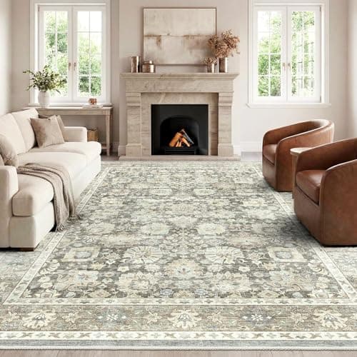 Image of HOMFINE Vintage Washable Rugs for Living Room - 200x300cm Grey Area Rug for Bedroom Living Room Traditional Printed Design, Low Pile, Non-Slip, Non-Shedding